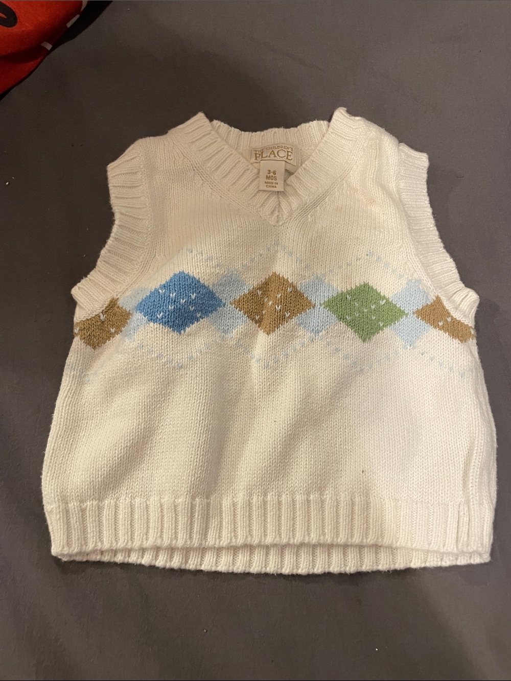 The Children's Place Cream Argyle Knit Vest with Blue Green Tan Diamonds